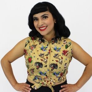 Tattoo Art Sleeveless Tie Crop Top XS-3XL Plus Size